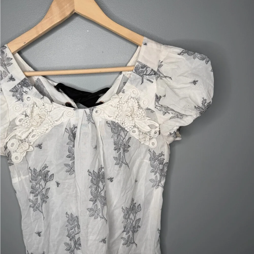 Anthropologie x Leifsdottir Tie Back Puff Sleeve Sheer Floral Bee Print Blouse